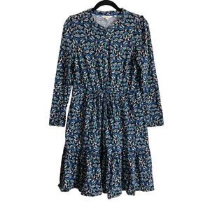 Boden Cotton Blue Floral Paisley Button Front Tiered Jersey Long Sleeve Dress